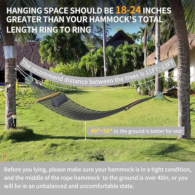 13FT Hammocks, Traditional Hand Woven Cotton Rope Hammock with Free Extension Chains for Outdoor Indoor Patio Yard 450 LSB Capacity for Two Person (Dark Grey) by GreenHaven Gardens
