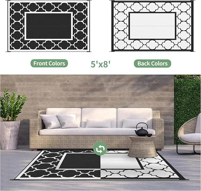 GENIMO 5' x 8' Outdoor Rug Waterproof for Patio Decor, Foldable Reversible Plastic Straw Area Rugs Mat for Camper, Outside Carpet for Rv, Deck, Porch, Picnic, Beach, Balcony, Black & White by GreenHaven Gardens