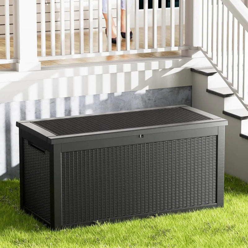 320 Gallon Waterproof Black Deck Box, Lockable Resin Storage Box for Patio Furniture Cushions Garden Tools and Outdoor Delivery Storage by GreenHaven Gardens