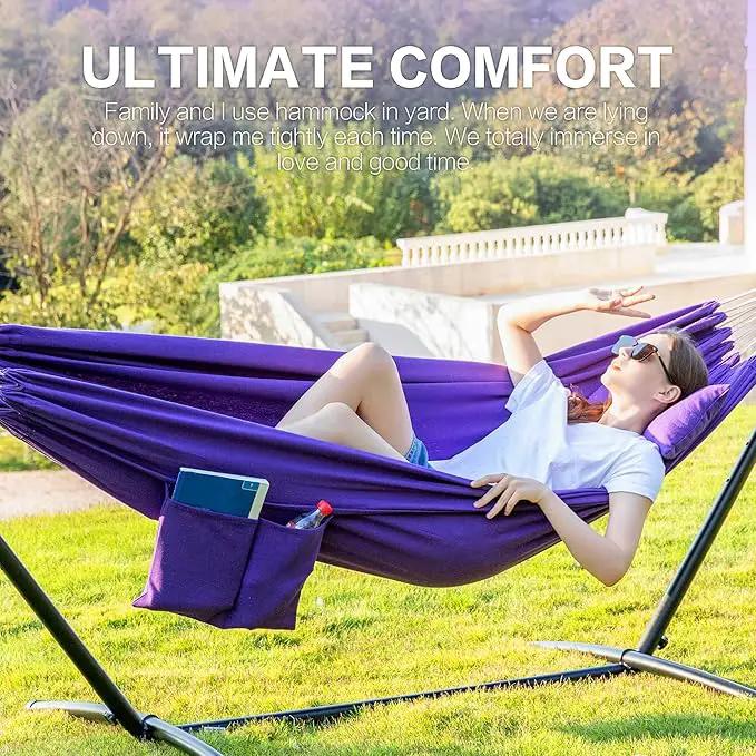 PNAEUT Double Hammocks with Stand for Outside, Portable Space Saving Heavy-Duty Steel Stand for Indoor Outdoor Patio with Carrying Bag, 450 lbs Capacity (Purple) by GreenHaven Gardens