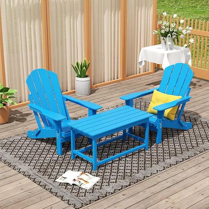 WO Home Furniture Adirondack Chairs Table Set of 3 PCS Outdoor Folding Chairs Coffee Table Weather/UV Resistant for Lawn, Garden, Bon Fire, Balcony (Pacific Blue) by GreenHaven Gardens