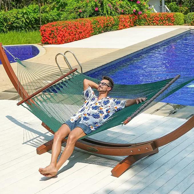 Lazy Daze Hammocks 10.5 FT Double 2 Person Caribbean Rope Hammock, Hand Woven Polyester Hammock with Spreader Bars, for Outside Outdoor Backyard Patio Poolside,450 LBS Capacity, Green by GreenHaven Gardens