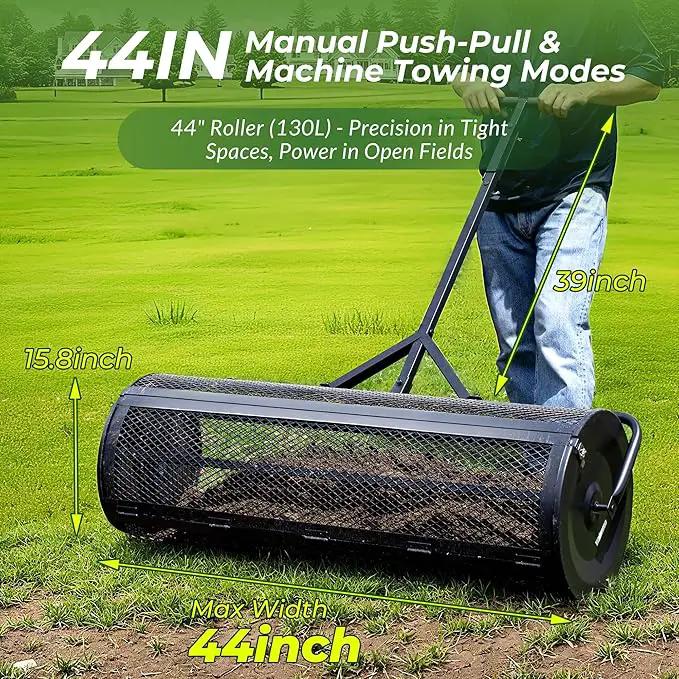 Walensee 44 Inch Compost Spreader Peat Moss Spreader with Side-Latch Design, Upgraded Large-Capacity Metal Mesh Roller for Lawn and Garden Care, Durable Manure Spreader for Seeding and Fertilizing by GreenHaven Gardens