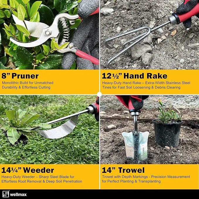 Wellmax 12-Piece Heavy-Duty Garden Tools Set with Bonus Accessories – Heavy Duty Garden Tools with Non-Slip Rubber Grip, Perfect for Digging, Weeding, Pruning & Planting by GreenHaven Gardens