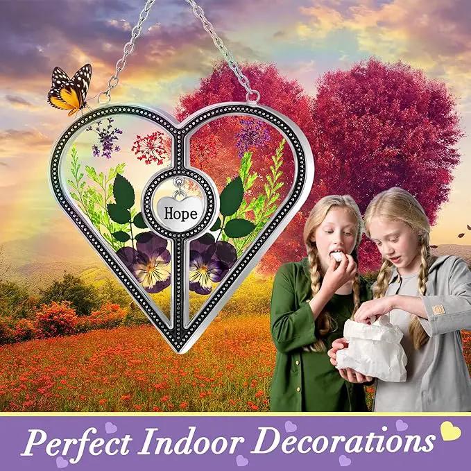KY&BOSAM Heart Suncatcher Hope Stained Glass Panels for Windows Hangings Wind Chime with Pressed Real Flower Heart Embedded in Glass Friend Gifts- Birthday Gifts for Women Mother`s Day Christmas Decor by GreenHaven Gardens