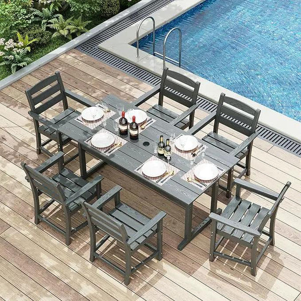7pcs Outdoor Dining Set, HDPE Patio Dining Set for 6, All-Weather Outdoor Table and Chairs with Umbrella Hole & Adjustable Pads, Modern Patio Furniture Set for Backyard, Poolside &Lawn (Grey)