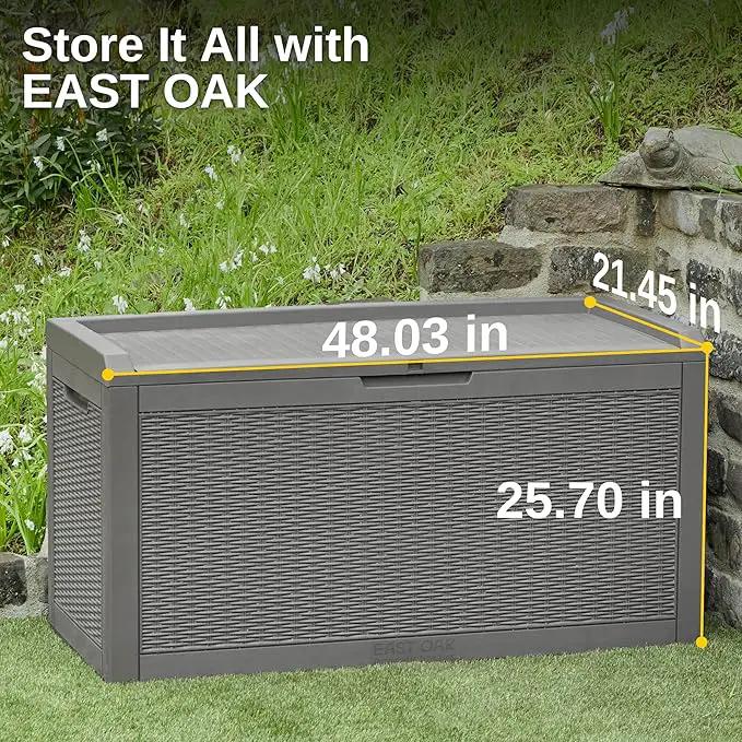 EAST OAK Outdoor Storage Box, 100 Gallon Deck Box, Waterproof Resin Storage Bench for Patio Cushions, Gardening Tools, Pool Accessories, Lockable, UV Resistant, Grey by GreenHaven Gardens