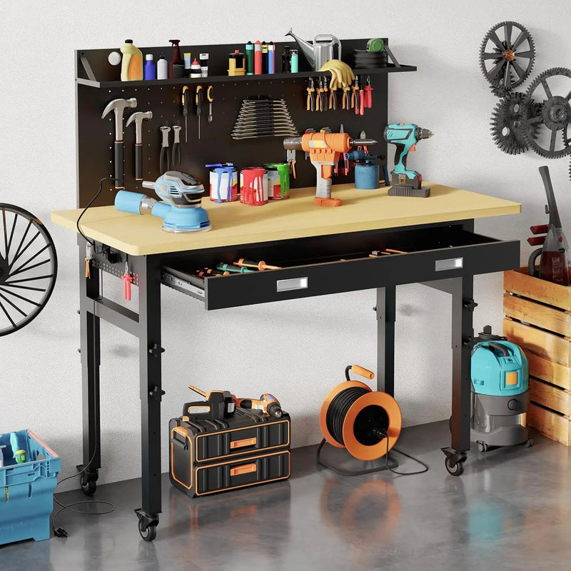 60" Heavy Duty Work Bench with Drawers, Adjustable Height 2000 Lbs Garage Workbench with Pegboard Pad & Power Outlets & Wheels, Mobile Tool Work Table for Workshop Woodworking Home Office by GreenHaven Gardens