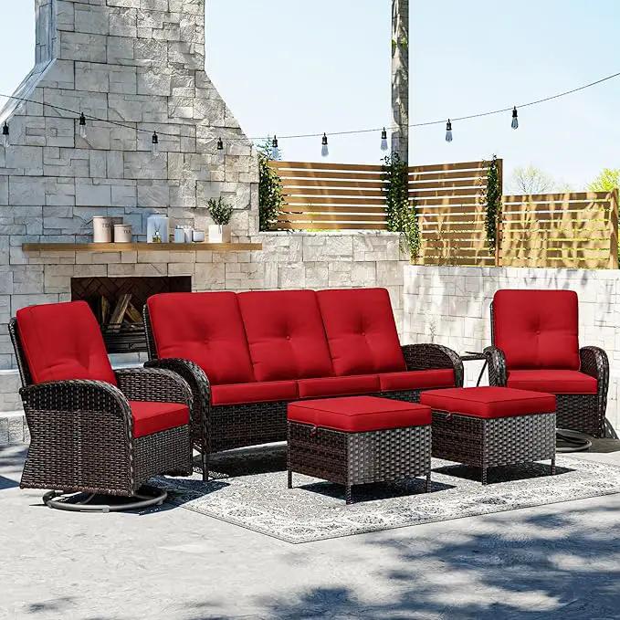Joyside 6 Piece Patio Furniture Set, Outdoor Wicker Conversation Sets with Swivel Rocker Chairs and Sofa, Thick Cushion, Rattan Patio Sectional for Porch, Deck Use (Brown/Red, 6 PCS) by GreenHaven Gardens