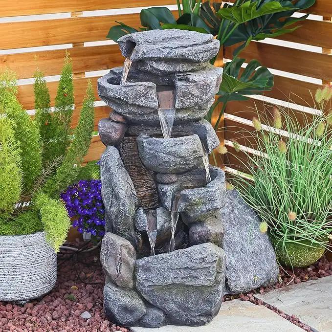 Water Features Outdoor Patio 6-Tier Cascading Rock Water Fountain 31.5''Water Fall Fountain Outside Resin Fountain with Light Mossy Rock Floor Garden Fountain Indoor for Relaxation Home Decor by GreenHaven Gardens
