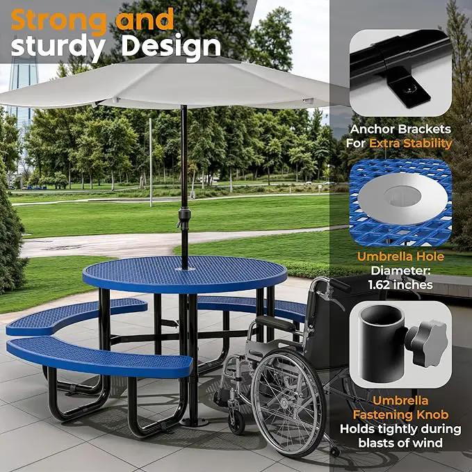 Metal Picnic Tables for Outdoors with Umbrella Hole - Coated Steel Heavy Duty Commercial Grade Table with Adjustable Seats (Blue, 46 in, Round, Expanded Steel) by GreenHaven Gardens