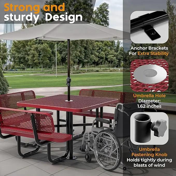 Metal Picnic Tables for Outdoors with Umbrella Hole - Coated Steel Heavy Duty Commercial Grade Table with Adjustable Seats (Red, 46 in, Square with Back, Expanded Steel) by GreenHaven Gardens