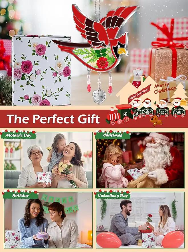 KY&BOSAM Cardinal Suncatcher Merry Christmas Hanging Ornament for Windows Sun Catchers with Pressed Real Flower in Glass and Heart Charm Birthday Gifts for Women Mom Grandma Nana Christmas Day Gifts by GreenHaven Gardens
