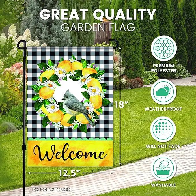 Welcome Garden Flag - 12.5 x 18 Inch Double-Sided Spring Garden Flag - Printed Wreath in Plaid Background Seasonal Outdoor Banner for House Front Yard, Porch, Patio - Suits Standard Poles by GreenHaven Gardens