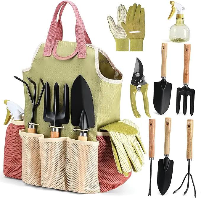 Gardening Tools Set of 10 - Complete Heavy Duty Garden Tools Set with Fashion Handbag - Durable Gardening Supplies Kit Ideal Garden Gifts for Women by GreenHaven Gardens