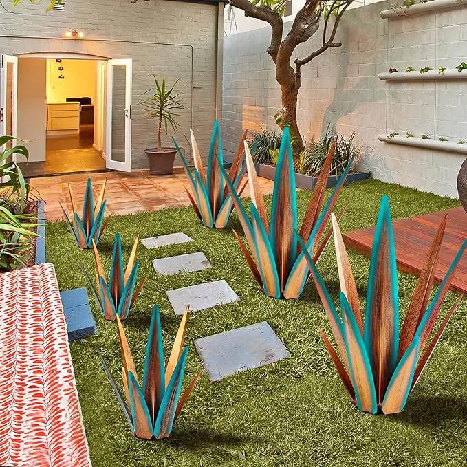 Large Tequila Rustic Sculpture, Rustic Metal Agave Plants for Outdoor Patio Yard, Home Decor Hand Painted Metal Agave Garden Yard Statue, Outdoor Lawn Ornaments Yard Stakes (Blue - M) by GreenHaven Gardens
