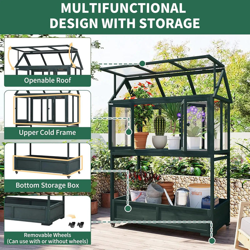 62" Wooden Greenhouse with Wheels - Adjustable Shelves Portable Cold Frame for Balcony/Patio, UV-Resistant Indoor Outdoor Plant Growing Cabinet (Large, Heavy-Duty) (Green) by GreenHaven Gardens