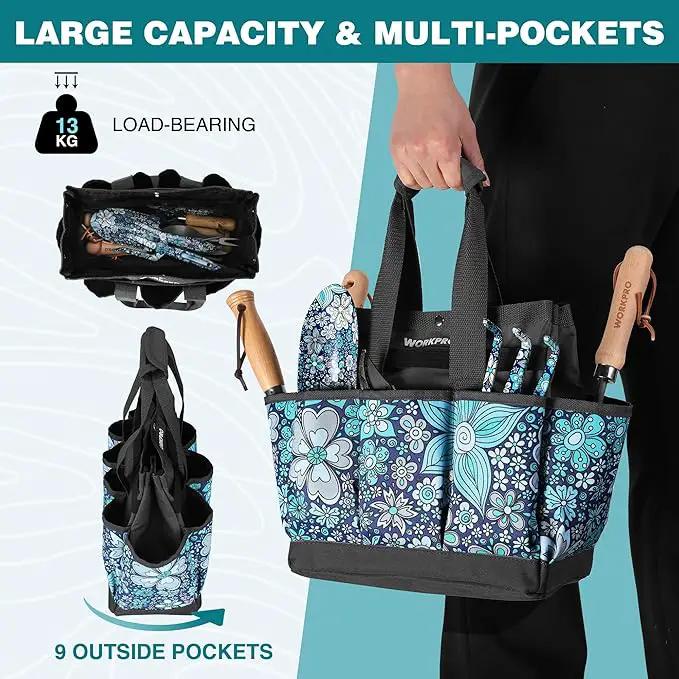 WORKPRO Garden Tool Bag, 9 Pockets Gardening Bag, Heavy Duty Oxford Garden Tote Caddy (Tools NOT Included), 12" x 12" x 6" (Floral Blue) by GreenHaven Gardens