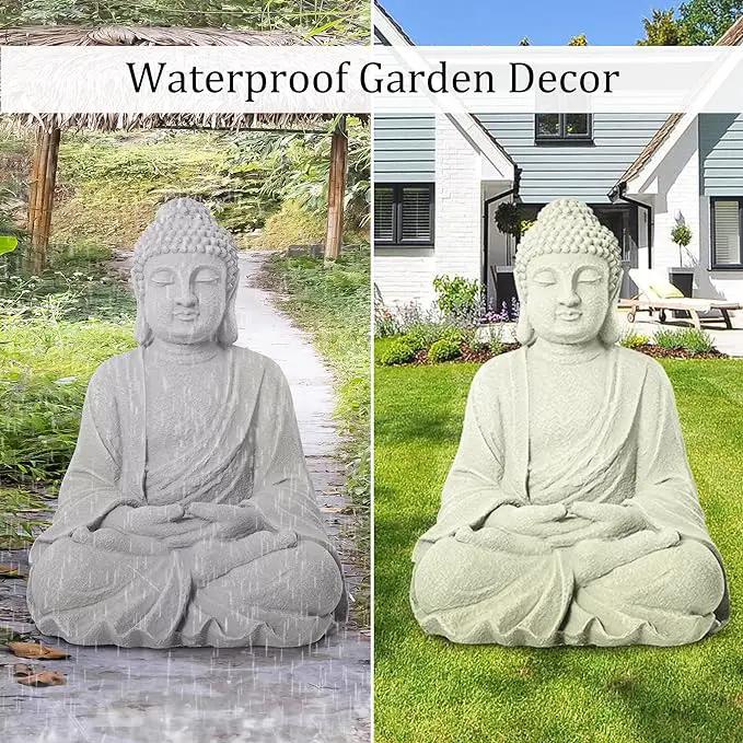 TOETOL Zen Garden Asian Buddha Statue Outdoor Indoor Yard Decor 20” High Patio Deck Sculptures Magnesium Oxide Stone Grey Home Entryway Hallway by GreenHaven Gardens