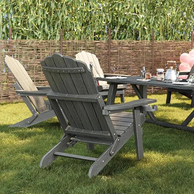 Folding Adirondack Chair Set of 4 with Adjustable Backrest, Adirondack Chair with Retractable Ottoman with 2 Cup Holders, for Pool Deck Beach Garden, Grey by GreenHaven Gardens