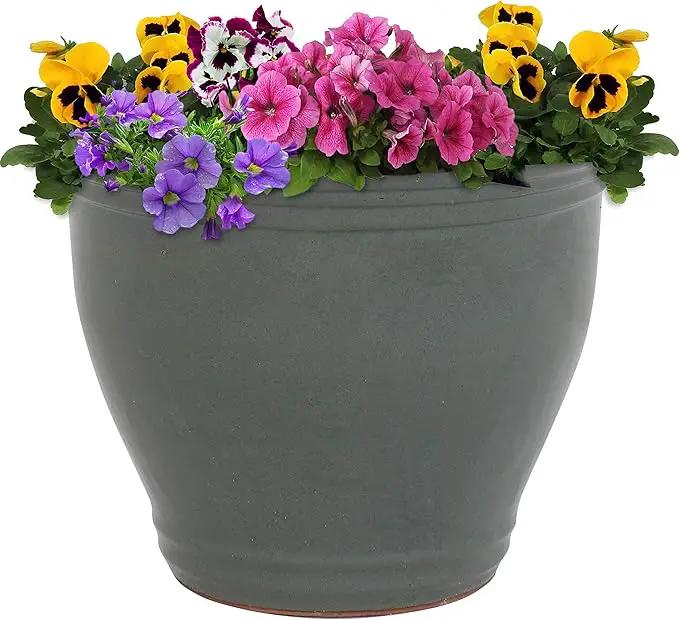 Sunnydaze 15" Large Ceramic Plant Pot - Round Outdoor Glazed Ceramic Planter Pot with Drainage - Gray - Studio by GreenHaven Gardens