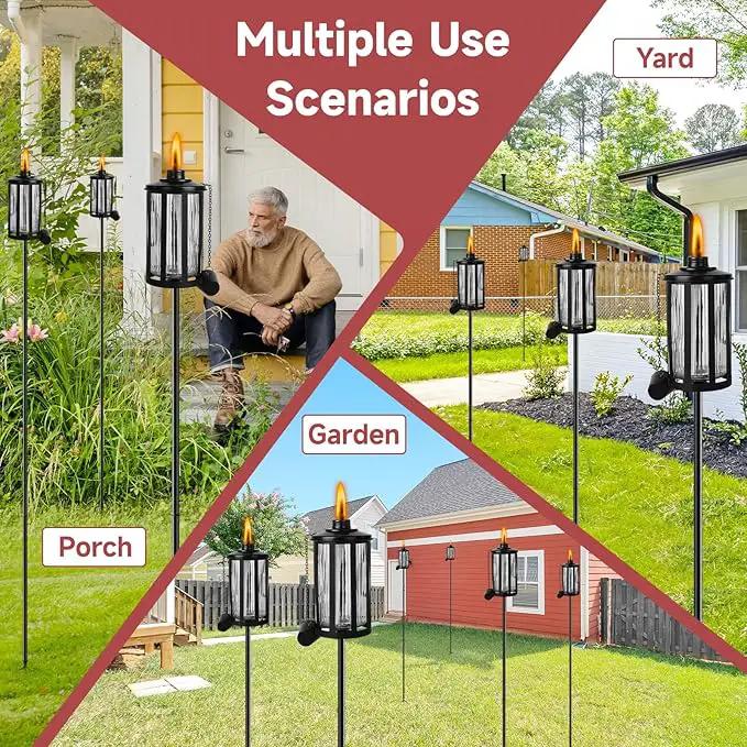 4 Pack Glass Citronella Torches, 16 oz Garden Torches for Outside with 3-Prong Grounded Stake, 55 inch Outdoor Clear Glass Flame Light Torch for Yard, Patio, Deck, Garden, Party, Landscape by GreenHaven Gardens