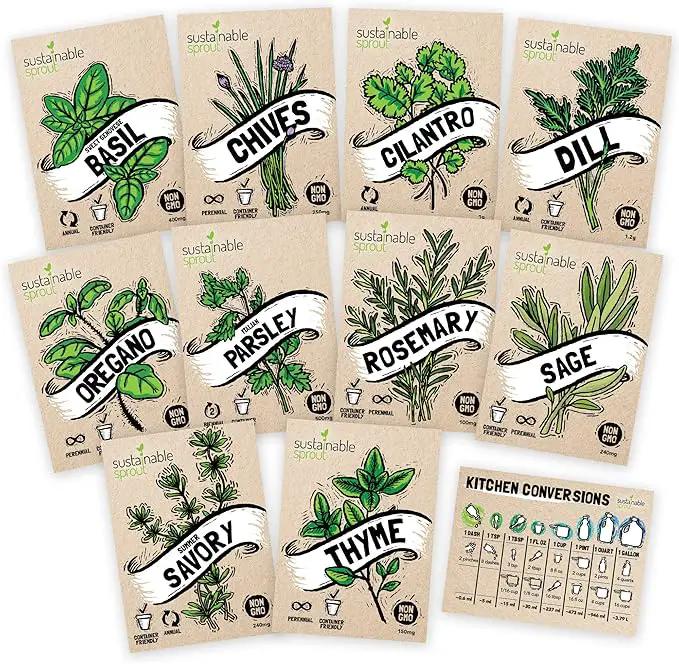 Culinary Herb Seeds Variety Pack: 10 Spice Herbs, Hydroponic Garden Indoors, Heirloom Planting Basil, Parsley, Sage, Thyme, Rosemary, Cilantro, Chives Dill Oregano, Summer Savory by Sustainable Sprout by GreenHaven Gardens