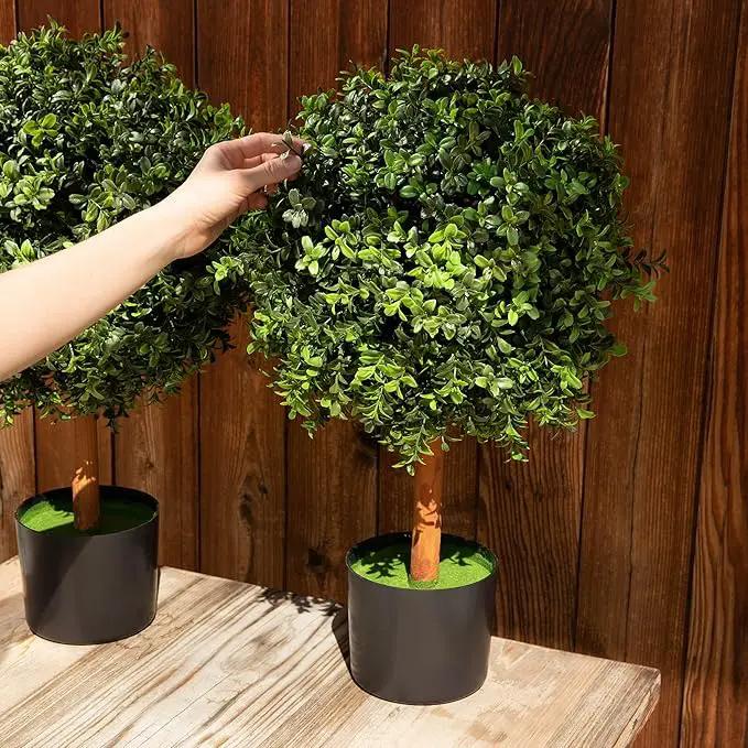 Premium 14" Diameter Artificial Boxwood Topiary – Set of 2 Faux Plants in Black Decorative Planters – UV-Resistant, Weatherproof, Realistic Outdoor & Indoor Greenery Accent by GreenHaven Gardens