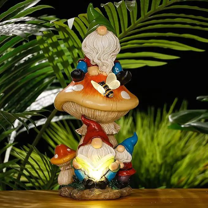 TERESA'S COLLECTIONS Garden Gnomes Statues Decorations for Yard with Solar Lights, Resin Sculptures& Statues on Mushroom Reading Garden Outdoor for Patio Lawn Ornaments,Ideal Gifts for Mom, 12.6" by GreenHaven Gardens