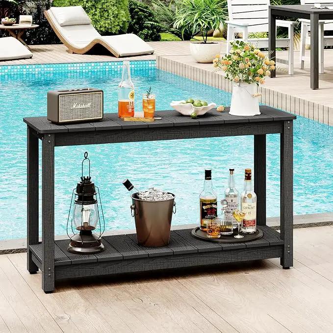 Outdoor Console Table, 48" Weather Resistant HIPS Patio Side Table, 440LBS Weight Capacity, 2-Tier Multifunctional Buffet Bar Storage Organizer for Garden Deck, Black by GreenHaven Gardens