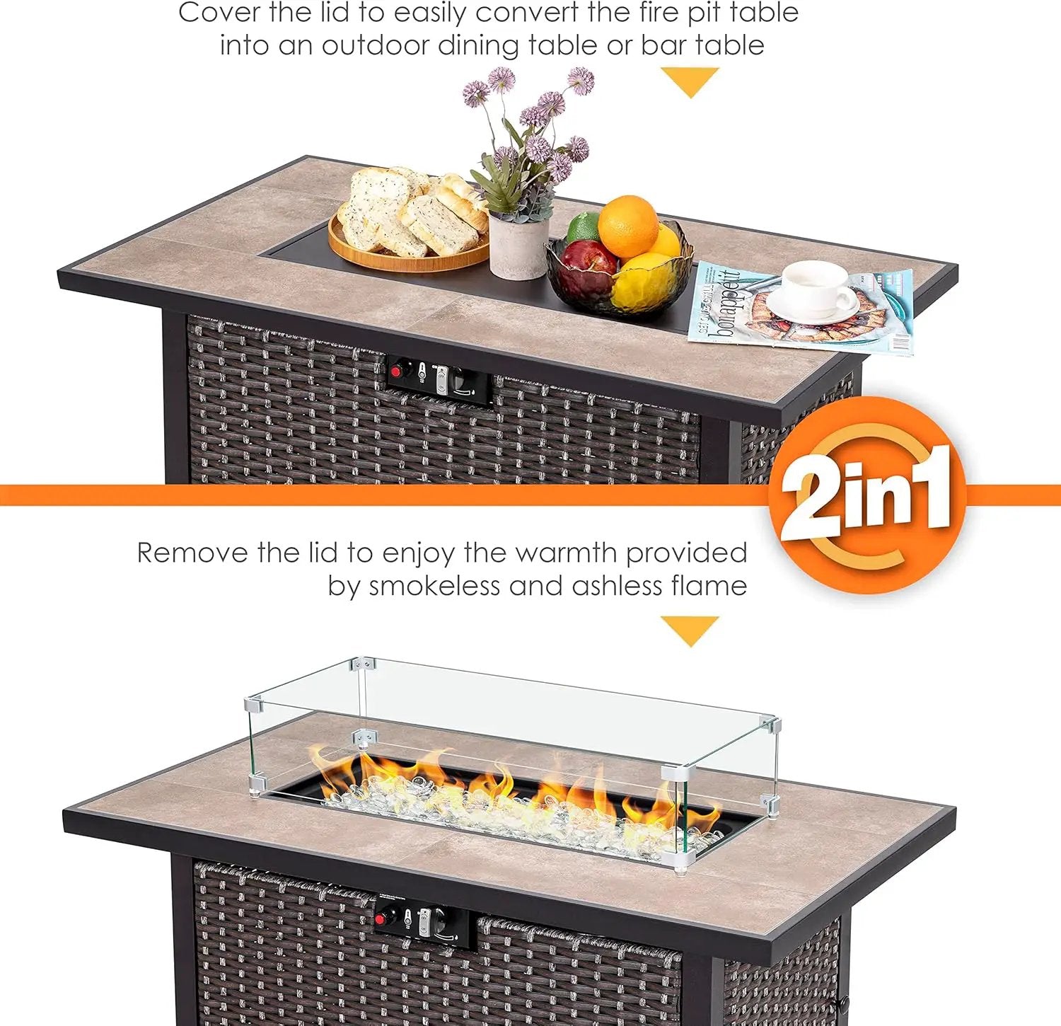 Nuu Garden Outdoor 43 Inch 50,000 BTU Propane Gas Fire Pit Table, Propnae Fire Pit with Ceramic Tabletop, Oxford Cover, Dark Brown and Coffee by GreenHaven Gardens