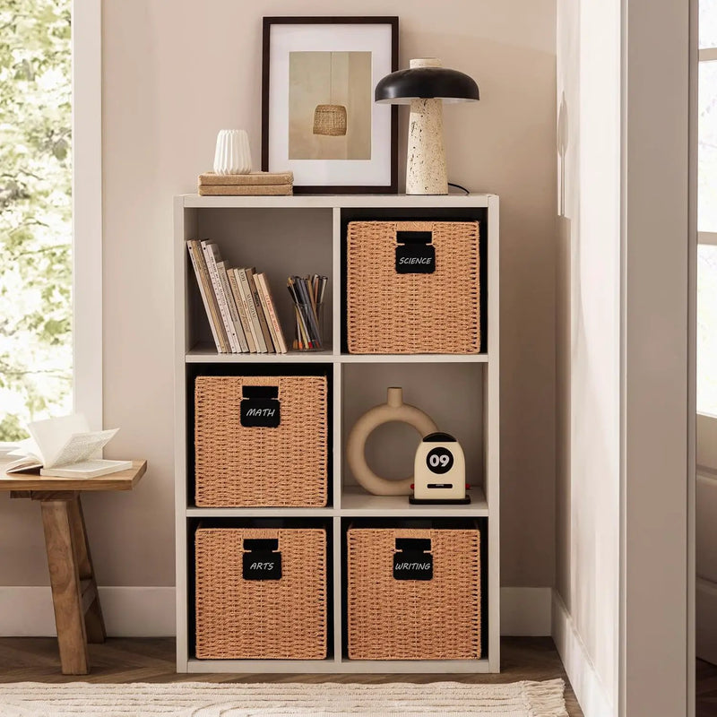 UBBCARE 2 Pack Wicker Basket, 10.5×10.5 Storage Cubes with Label, Foldable Cube Storage Bin with Handle, Square Storage Basket for Shelves, Woven Paper Rope Basket for Organizing, Caramel by GreenHaven Gardens