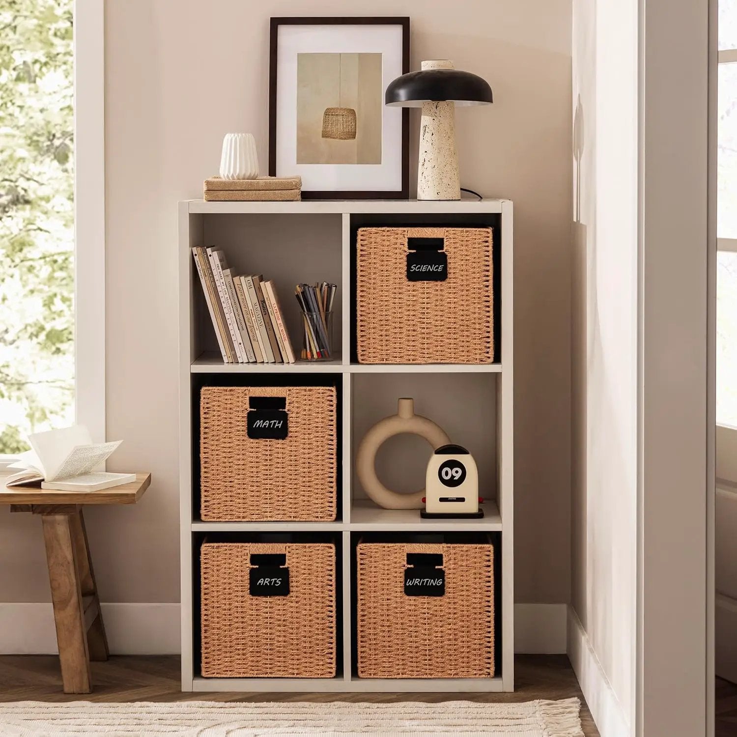 UBBCARE 4 Pack Wicker Basket, 12×12 Storage Cubes with Label, Foldable Cube Storage Bin with Handle, Square Storage Basket for Shelves, Woven Paper Rope Basket for Organizing, Caramel by GreenHaven Gardens