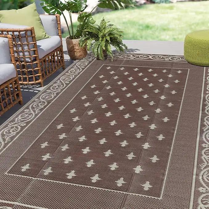 Pauwer Waterproof Outdoor Rug 6x9, Reversible Plastic Straw Patio Camping Rug, Indoor Outdoor RV Mat Carpet for Deck, Camper, Porch, Balcony, Backyard, Picnic, Bordered Brown by GreenHaven Gardens
