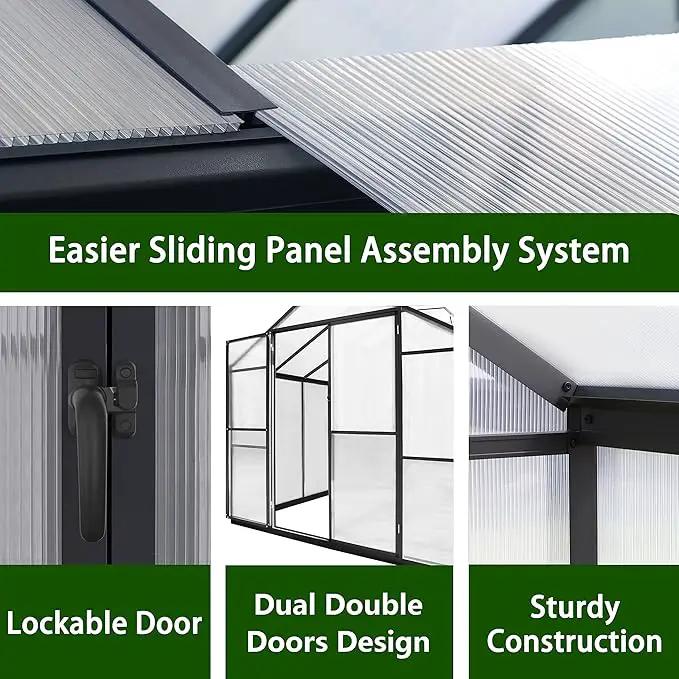 8x16 FT Polycarbonate Aluminum Greenhouse Kit, Outdoor Walk-in Green House with Adjustable Roof Vents and Lockable Door, Backyard Garden in Winter, Gray by GreenHaven Gardens