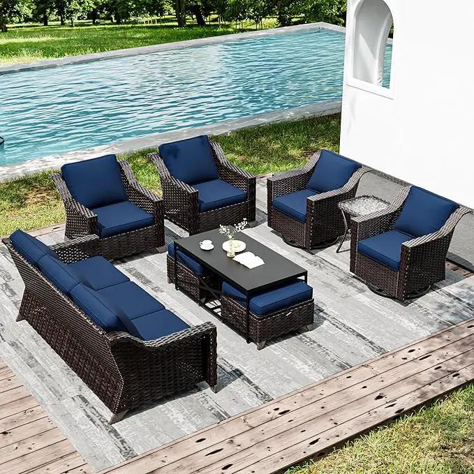 Joyside Wicker Patio Furniture Sets, 9 Pieces Upgraded Large Size Outdoor Furniture with Swivel Rocking Patio Chairs, Patio Dining Chair, 3-Seat Sofa, Outdoor Ottoman, Coffee Table, Thick Cushions by GreenHaven Gardens