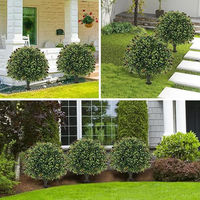 Artificial olive Topiary Ball Tree 24" with Ground Spike, Set of 2 Artificial Boxwood Bushes for Faux Shrubs, Fake Evergreen Faux Plant for Indoor Outdoor Porch Garden -UV Resistant–Fade-Proof by GreenHaven Gardens