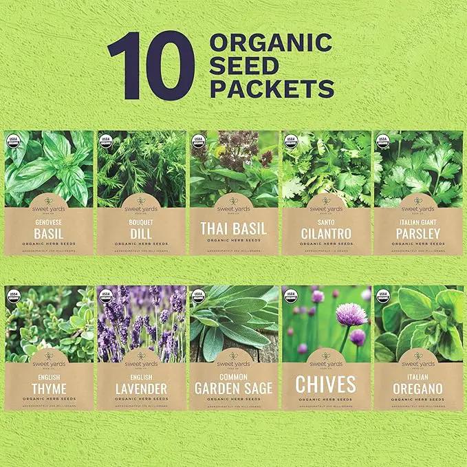 Organic Herb Seeds Variety Pack - 10 Individual Packs - 2025 Season - Basil, Cilantro, Dill, Thyme, Parsley and More! for Indoor & Outdoor Planting (Non-GMO, Certified Organic) by GreenHaven Gardens
