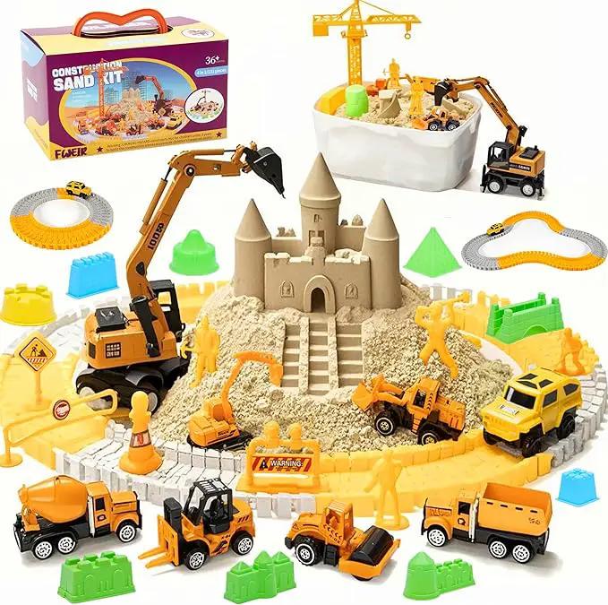 Sand Construction Kit, 2.2lbs Play Sand with Sandbox, 1 Toy Mat 8 Alloy Construction Trucks Race Tracks 10 Sand Molds Sensory Bin Toys for Toddlers Boys Girls Ages 3-8 by GreenHaven Gardens