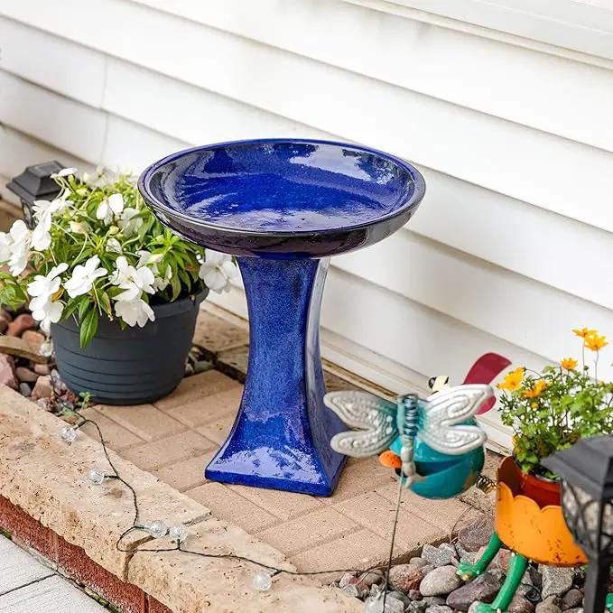 Sunnydaze Ceramic Bird Bath for Outside - 16" H - UV- and Frost-Resistant - Pedestal Bird Bath - Blue Glazed Bowl - Blue Glaze Finish by GreenHaven Gardens