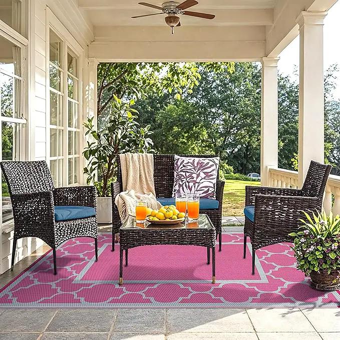 GENIMO 6' x 9' Outdoor Rug Waterproof for Patio Decor, Foldable Reversible Plastic Straw Area Rugs Mat for Camper, Outside Carpet for Rv, Deck, Porch, Picnic, Beach, Balcony, Pink & Grey by GreenHaven Gardens