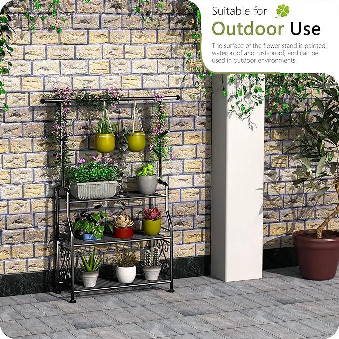 GIOTORENT Plant Stand Indoor Outdoor, 3-Tier Heavy Duty Metal Shelves, Display up to 14 Multiple Plants, Tall Plant Holder with Plant Hanger, Suit for Patio Living Room Garden Balcony, 5 Hooks, Black by GreenHaven Gardens