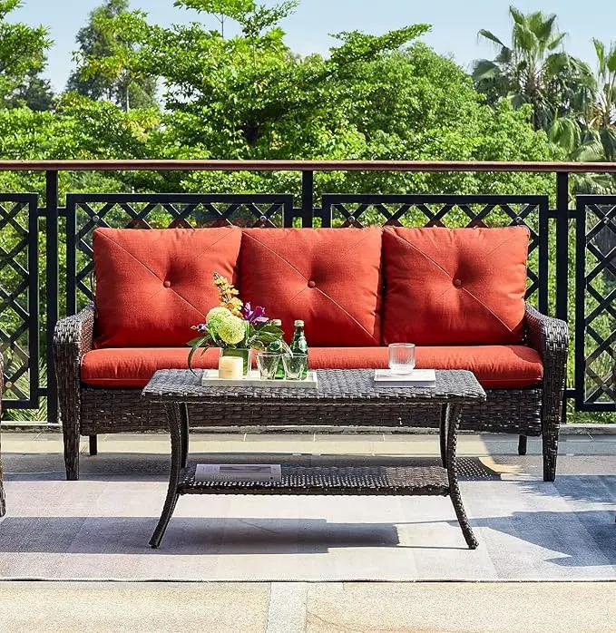 Patio Tables Outdoor Coffee Table - Wicker Rattan Coffee Tables with 2-Tier Storage Shelf Side Table for Porch Deck Balcony Garden Outside Rectangle Brown by GreenHaven Gardens