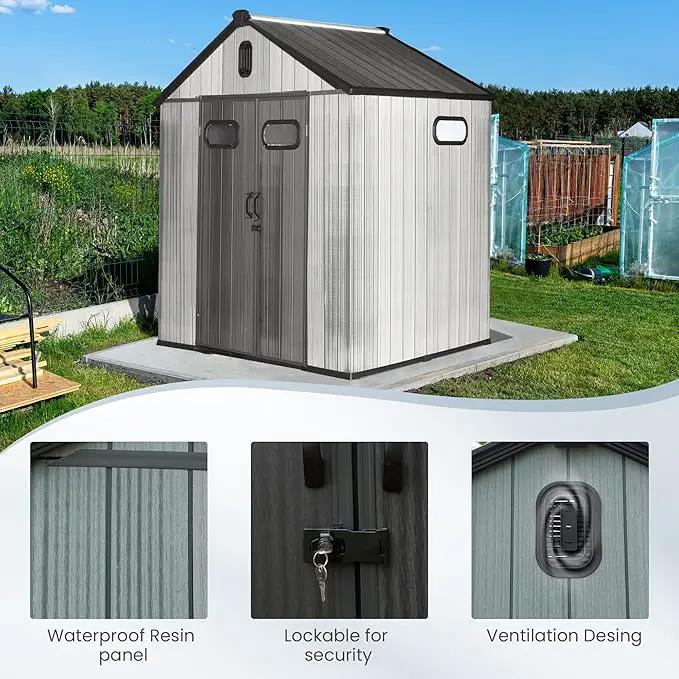 Domi 6x6 FT Outdoor Resin Storage Shed, All-Weather Double-Wall Storage Building for Backyard, Garden, Lawn Tools, Mower, Bike & Pool Equipment, Lockable Doors, Ventilated Roof, Grey by GreenHaven Gardens