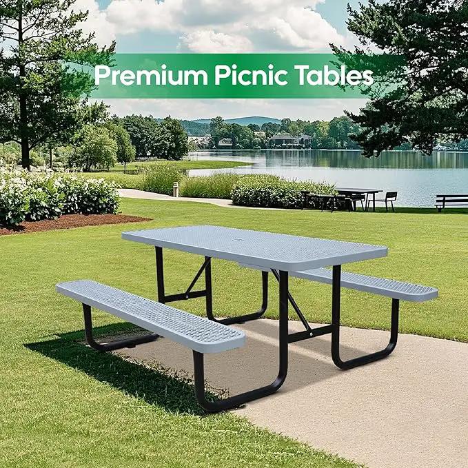 6FT Metal Picnic Tables for Outdoors, Commercial Rectangular Picnic Table and Bench Set for Outside, Patio, Garden, Backyard, Porch, Surface Mount, Grey by GreenHaven Gardens
