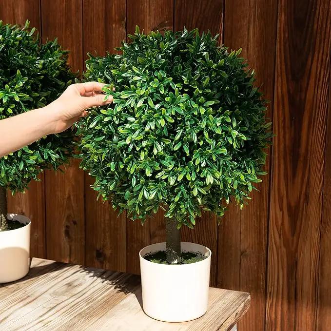 Premium 16" Diameter Artificial Japanese Boxwood Topiary – Set of 2 Faux Plants in Beige Decorative Planters – Realistic, UV-Resistant, Weatherproof Outdoor & Indoor Décor by GreenHaven Gardens