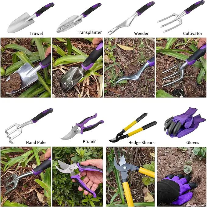 Gardening Tools – 42 Piece Premium Gardening Tool Set,Heavy Duty Hand Tools with Fashion Garden Tools Organizer Handbag,Rust-Proof Gardening Tool Kit, Ideal Gardening Gifts for Women((Purple Floral) by GreenHaven Gardens