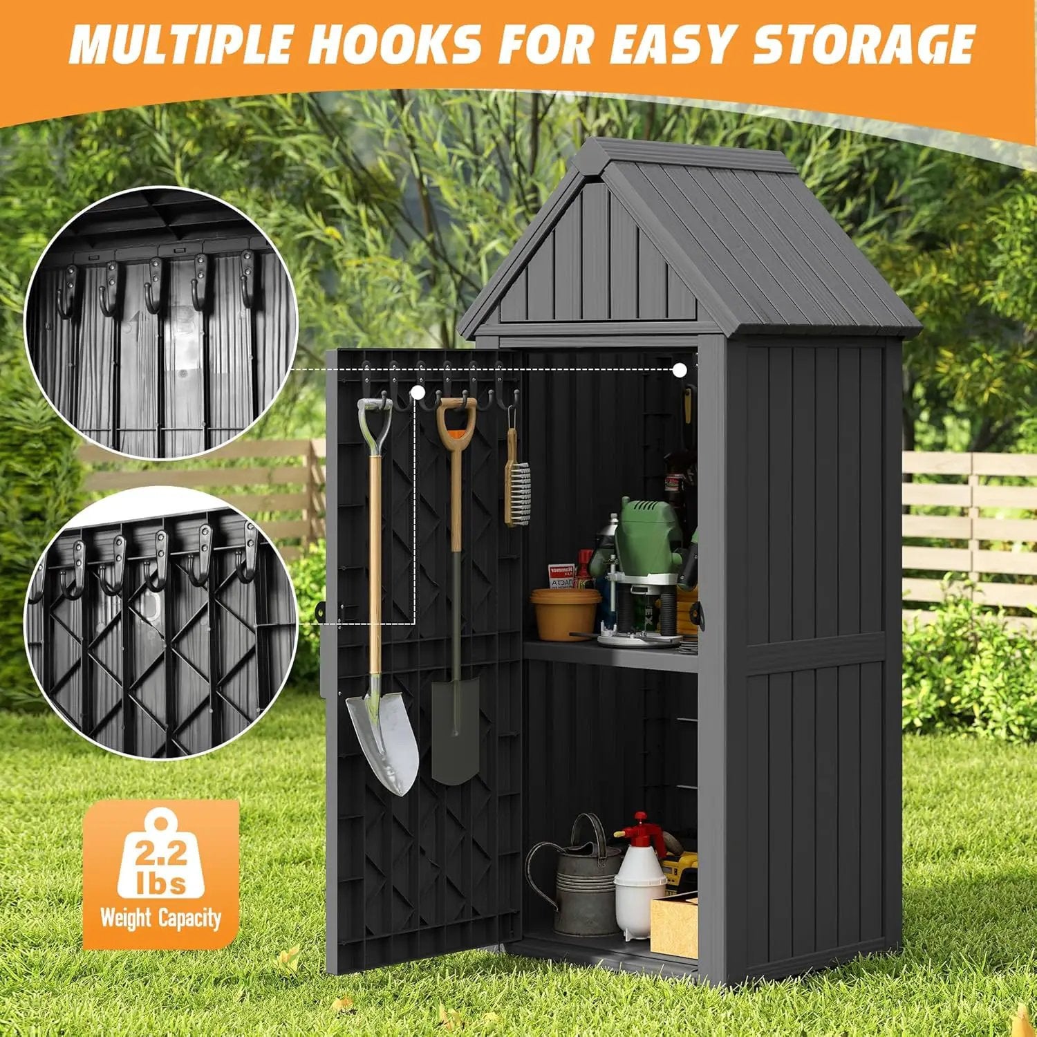 Shed Outdoor Storage Shed with Sloping Roof and Lockable Door, Resin Outdoor Storage Box Cabinet Waterproof and Multiple Hooks for Backyard, Patio, Poolside, Black by GreenHaven Gardens