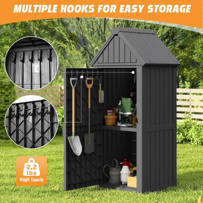 Shed Outdoor Storage Shed with Sloping Roof and Lockable Door, Resin Outdoor Storage Box Cabinet Waterproof and Multiple Hooks for Backyard, Patio, Poolside, Black by GreenHaven Gardens