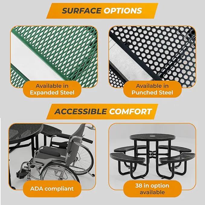 Metal Picnic Tables for Outdoors with Umbrella Hole - Coated Steel Heavy Duty Commercial Grade Table with Adjustable Seats (Red, 46 in, Round, Punched Steel) by GreenHaven Gardens